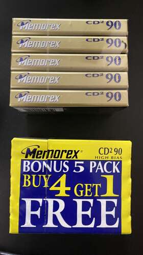 Memorex 071809409059 5 Pack Cd2 High Bias Type Ii Cassette Blank Tapes 90 Minutes 1997